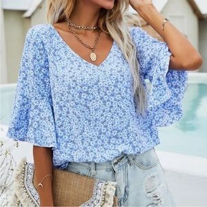 🔥CLEARANCE🔥Boho Blue Floral Print Butterfly Sleeve Blouse S M L